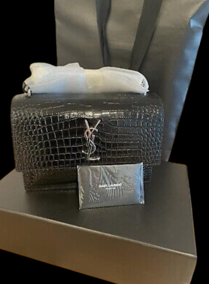 Yves Saint Laurent Sunset Crocodile Embossed Black Chain Bag